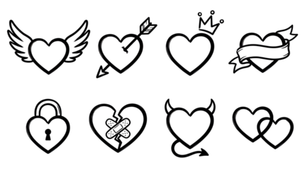 Black heart set including winged, arrow, crowned, ribbon, locked, broken, devil, and intertwined styles. Hand drawn romantic icon collection.