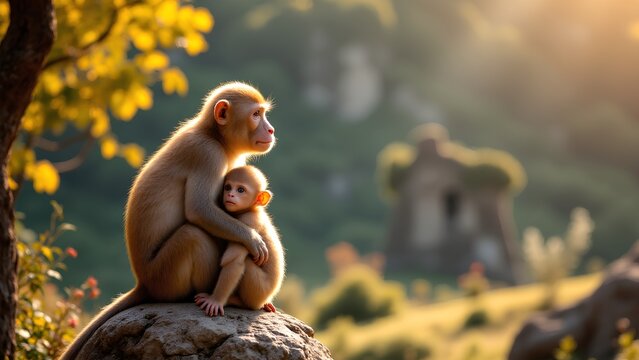 A mother and baby monkey hugging each other.