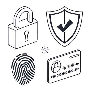 A vector graphic illustration of security icons including a padlock, shield, fingerprint, and password card