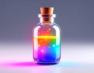 A glass potion bottle with a rainbow-colored liquid, corked