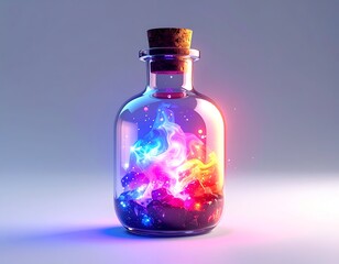 Glass bottle with cork filled with vibrant, colorful cosmic energy