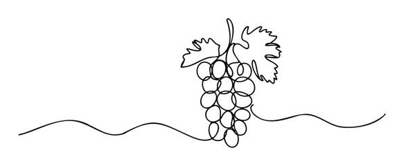 Single continuous line drawing of a luscious grape cluster with vine leaves, perfect for wine labels, restaurant menus, agricultural branding, or beverage company advertisements.