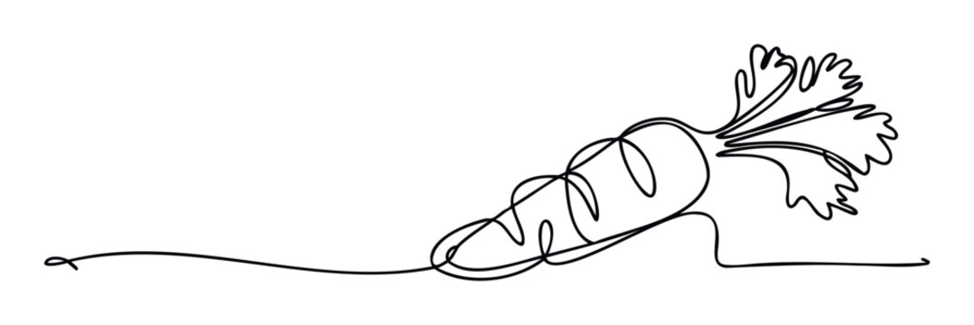Minimalist continuous line drawing of a fresh carrot with green leaves, perfect for healthy food branding, organic market promotions, vegetable garden themes, or healthy lifestyle content. - Powered by Adobe