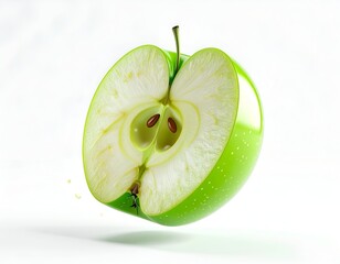 Vibrant green apple, sliced, showing seeds, isolated on white