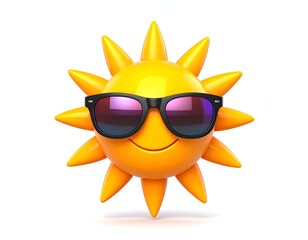 3D-rendered sunny, smiling, cartoon sun wearing black sunglasses