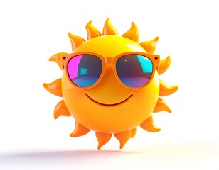 Cartoon sun smiling, wearing orange sunglasses, bright against a white backdrop