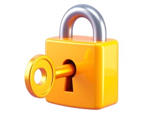 Shiny orange padlock with a key inserted, rendered on a white backdrop