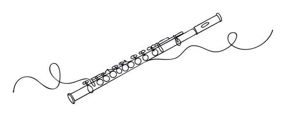 Minimalist continuous line drawing of a classical flute with decorative swirls, perfect for music school branding, concert promotion materials, or educational resources celebrating