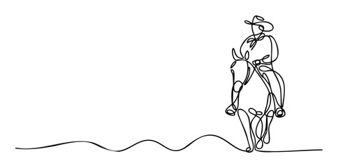 Continuous line drawing of a cowboy riding a horse across a landscape, ideal for Westernthemed branding, equestrian event marketing, or country lifestyle graphic applications