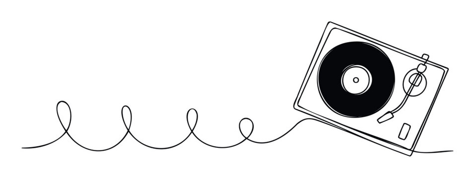 A continuous single line drawing depicts a classic vinyl record player with a spinning disk, perfect for music store promotions, album cover designs, or soundrelated presentations. - Powered by Adobe