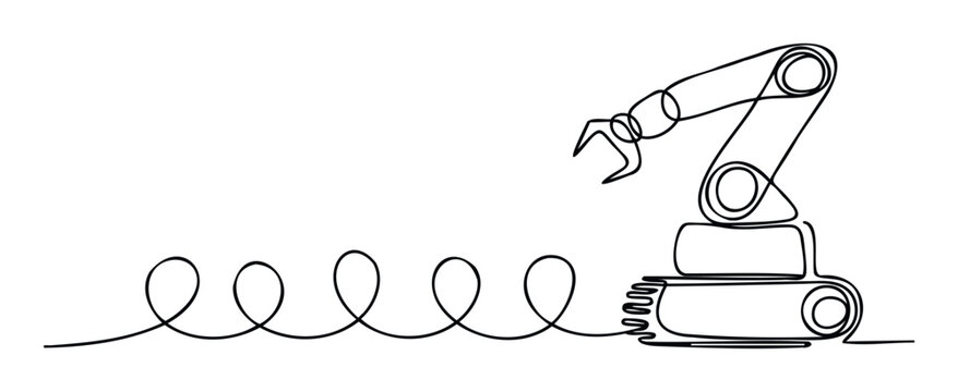 Abstract single line depiction of an automated robotic manipulator with a coiled connection, perfect for illustrating innovation, manufacturing processes, or digital transformation concepts.