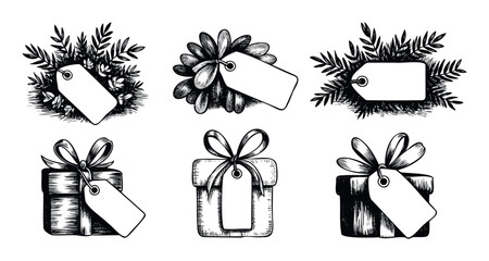 Monochrome engraved style gift boxes with ornate bows and empty labels presented with natural foliage accents for personalized messages on festive packaging and announcements