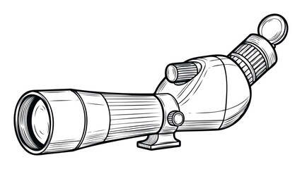 Detailed line drawing of a scientific spotting scope with an angled eyepiece and focus adjustments, ideal for educational materials, outdoor observation guides, or technology showcases