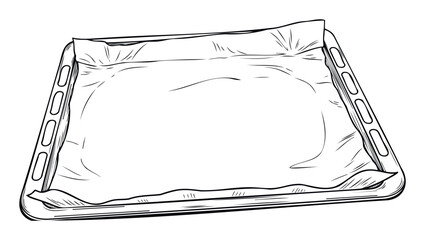 Blank baking tray with wrinkled parchment paper lining prepared for delicious culinary creations, excellent for cooking blogs, recipe books, and kitchen supply advertisements.
