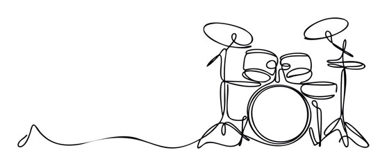 Continuous line drawing of a complete drum kit instrument representing rhythm and music, ideal for graphic projects, album covers, or music event promotions