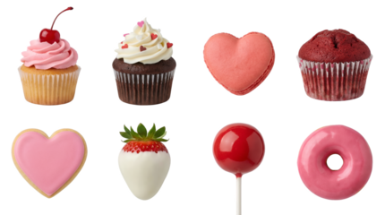 Sweet treats set including cupcakes, heart macaron, strawberry, donut, and lollipop isolated. Valentine day and dessert collection.