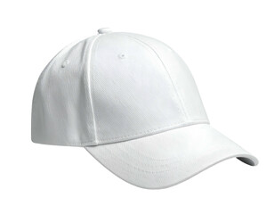 A plain white baseball cap angled slightly, against a transparent background