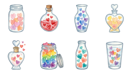 Glass jar and bottle set including heart filled containers, potion vials, and vases. Watercolor illustration for romantic decoration and stationery.