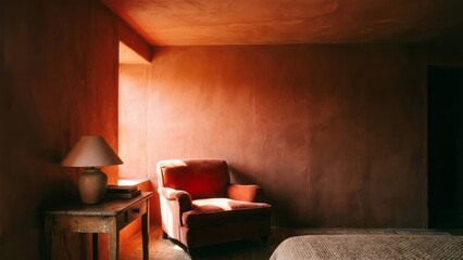 Cozy Living Room with Warm Tones Interior Design Red Armchair Soft Lighting. Concept featuring living room, interior design, cozy, red armchair, warm tones.