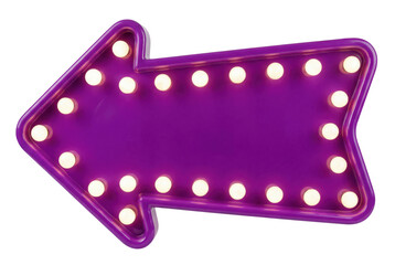 Bright Purple Arrow Sign with Glowing Light Bulbs for Directional Guidance and Attention Attraction