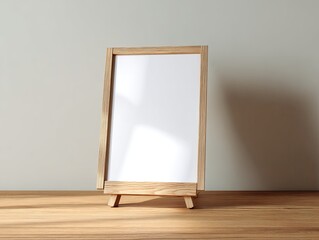 Wooden framed blank canvas on a light wood surface, against pale wall