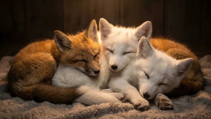 Three Adorable Foxes Cuddling Together Wildlife Animal Cute. Concept featuring fox, wildlife, animal, cuddling, cute.