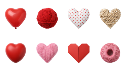 Heart shape craft set including balloon, yarn, woven wood, paper origami, and knitted fabric variants isolated. Romantic valentine and hobby decoration collection.