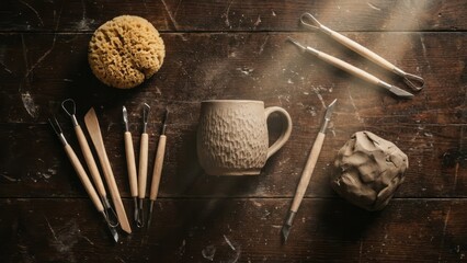 Ceramic Tools and Mug on Wooden Table Ceramics Pottery Crafting. Concept featuring ceramics, pottery, crafting, mug, clay.
