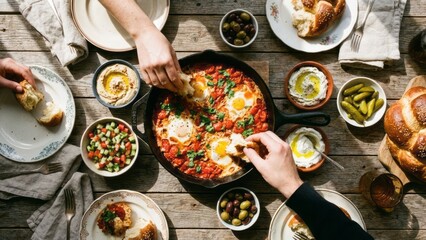 Delicious Brunch Spread with Shakshuka and Sides Food Sharing Table. Concept featuring brunch, shakshuka, food, sharing, table.