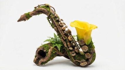 Saxophone with Floral and Moss Decoration Musical Instrument Flower Nature. Concept featuring saxophone, musical instrument, flower, nature, moss.