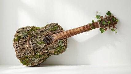 Nature-Inspired Guitar Made of Wood and Moss Vines Creativity Musical Instrument. Concept featuring guitar, nature, wood, moss, vines.