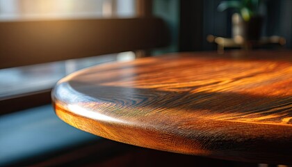 Glossy, wooden, round tabletop by a window