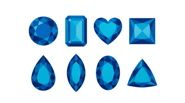 Blue gemstone set including round, emerald, heart, princess, pear, marquise, oval, and trillion cuts isolated. Jewelry and fashion design elements.