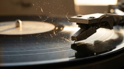 Close-Up of a Turntable Playing Vinyl Record Music Analog Needle. Concept featuring turntable, vinyl record, music, analog, needle.