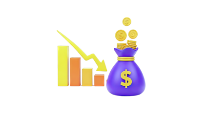 Financial Decline: Bar Chart with Falling Arrow and Money Bag