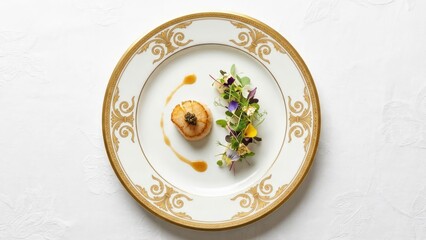 Gourmet Scallop Dish with Edible Flowers Fine Dining Culinary Art Plating. Concept featuring gourmet, scallop, fine dining, culinary art, edible flowers.
