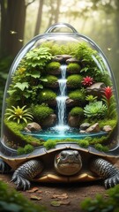Turtle with Miniature Garden Under Glass Dome Waterfall Plants Nature. Concept featuring turtle, miniature garden, glass dome, waterfall, plants.