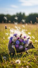 Hedgehog with Colorful Flowers in Nature Wildlife Outdoors Field. Concept featuring hedgehog, flowers, nature, wildlife, outdoors.
