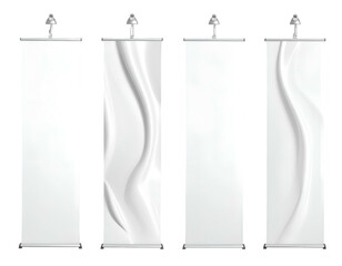 Four vertical white display banners with silver tops, two with fabric designs