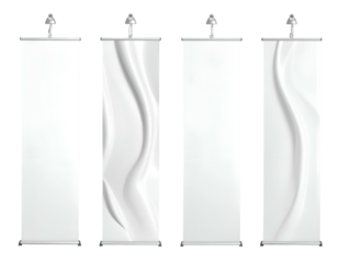 Four vertical white display banners with silver tops, two with fabric designs