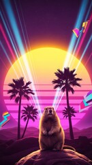 Retro Sunset with a Groundhog Neon Palm Trees Vibrant. Concept featuring retro, sunset, groundhog, neon, palm trees.