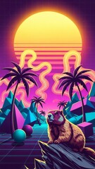 Retro Futuristic Landscape with Marmot Sunset Palm Trees Geometric Shapes. Concept featuring retro, futuristic, landscape, marmot, sunset.