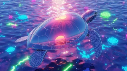 Vibrant Digital Turtle in Colorful Water Digital Art Marine Life Ocean. Concept featuring turtle, digital art, colorful water, marine life, vibrant.
