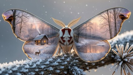 Fantasy Butterfly with Winter Landscape Surreal Nature Cabin. Concept featuring butterfly, winter, landscape, surreal, nature.