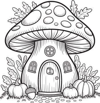 mushroom house with tiny lanterns and autumn accents vector illustration line art royalty free stock photos premium quality