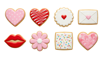 Valentine sugar cookies set including heart, lip, flower, and envelope shapes isolated. Gourmet bakery and romantic celebration collection.
