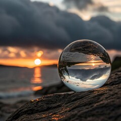 Crystal ball capturing serene beach sunset with vibrant sky