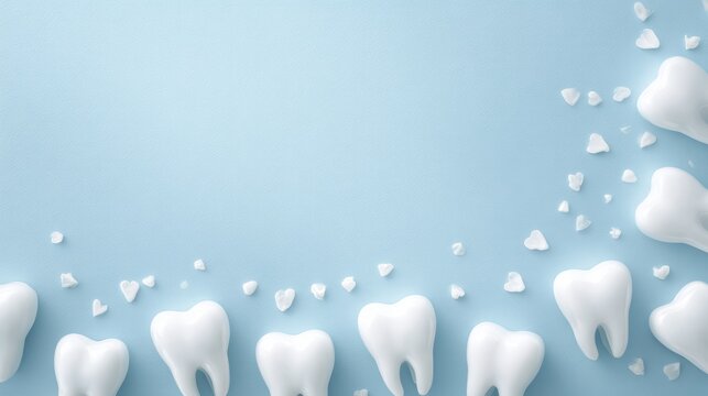 White teeth and tooth fragments representing dental care, copy space