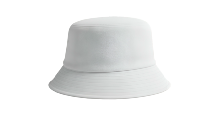 A white, bucket-style hat floats against a stark black background