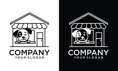 Creative The logo design combines the shape of a house store with a pet, minimalist line logo design.